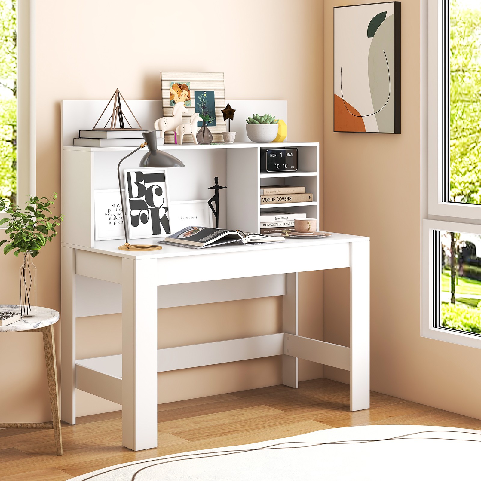 Home Office Computer Desk Study Table Writing Workstation Hutch Cable Hole White
