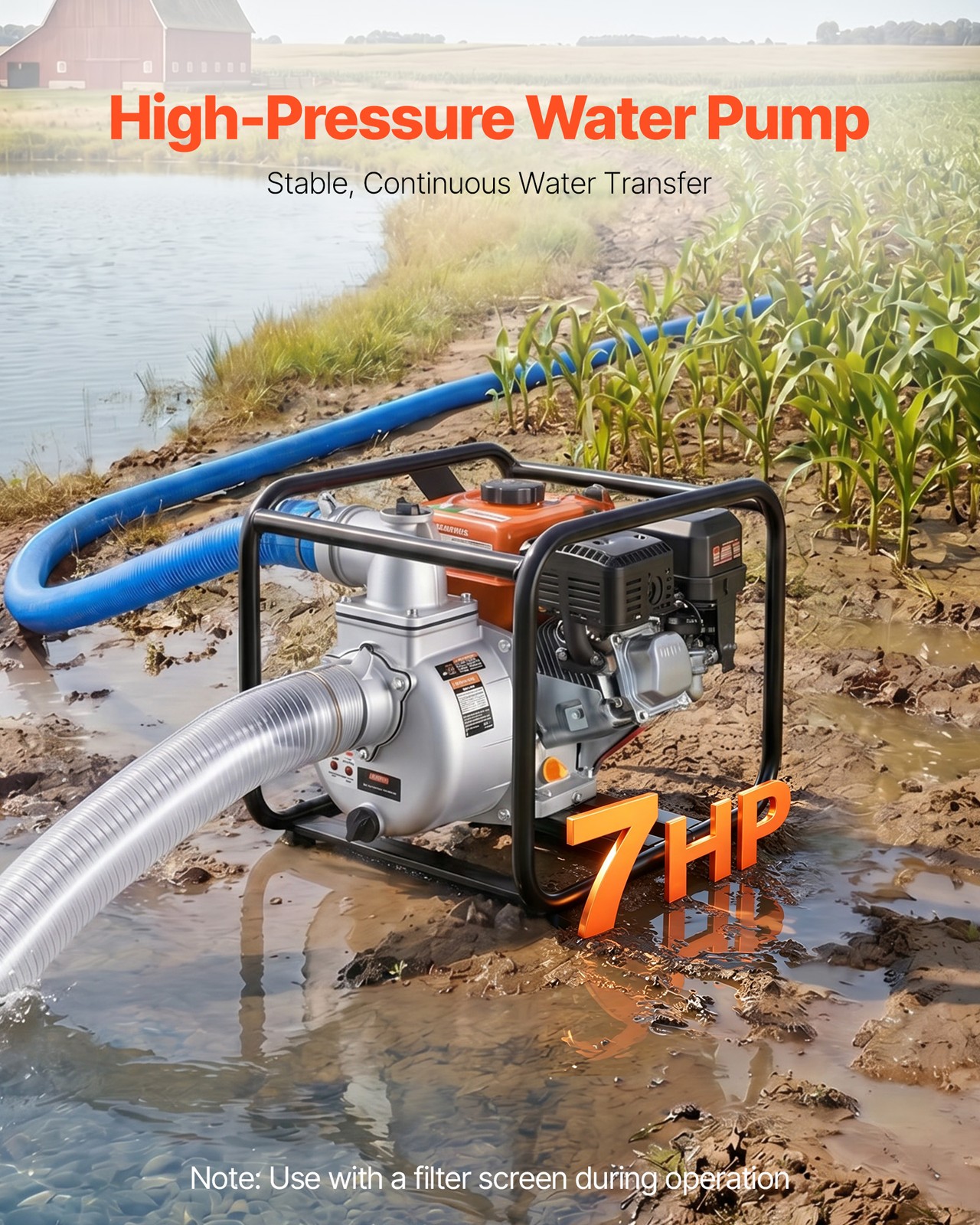VEVOR Gas Powered Water Pump 3 in Semi Trash Water Transfer Pump 264 GPM 7HP