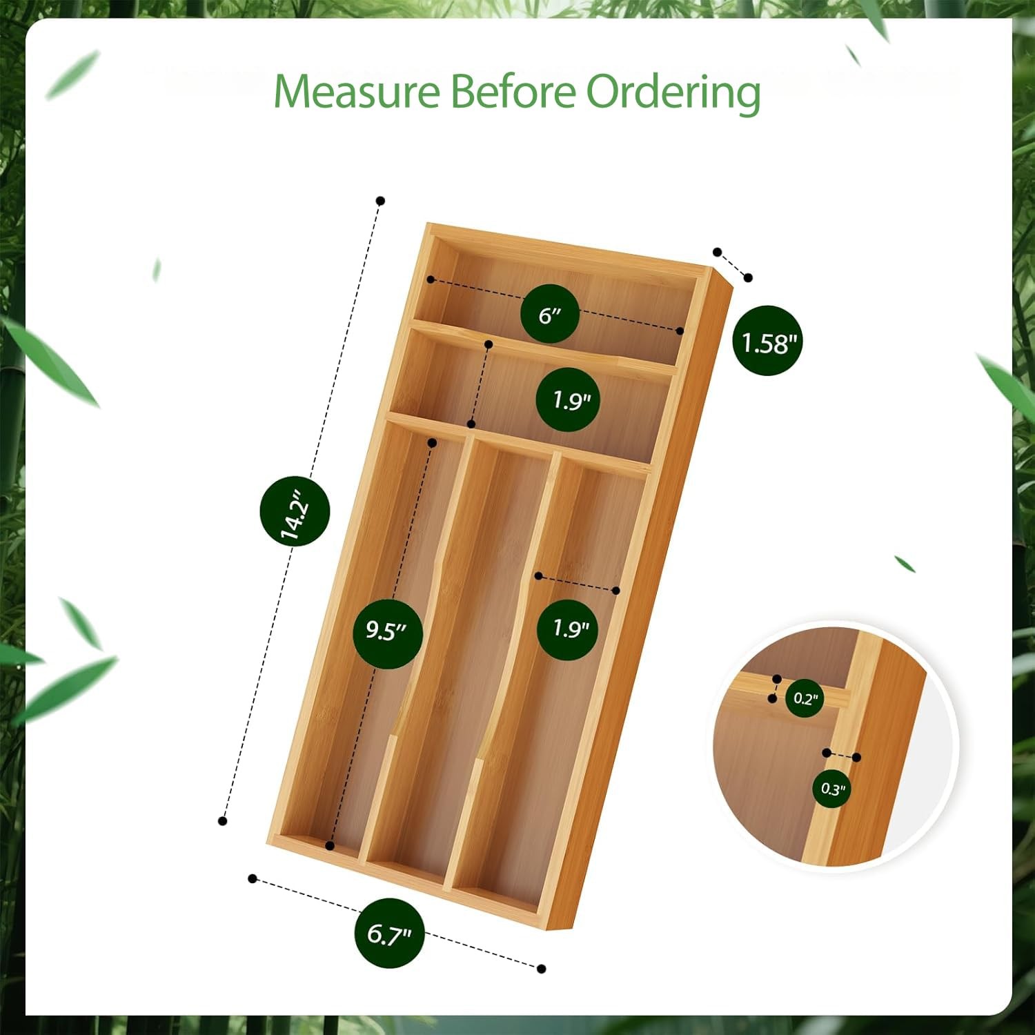 Bamboo Silverware Organizer for Kitchen Drawer Cutlery Utensil Tray 6.7×14.2 in.