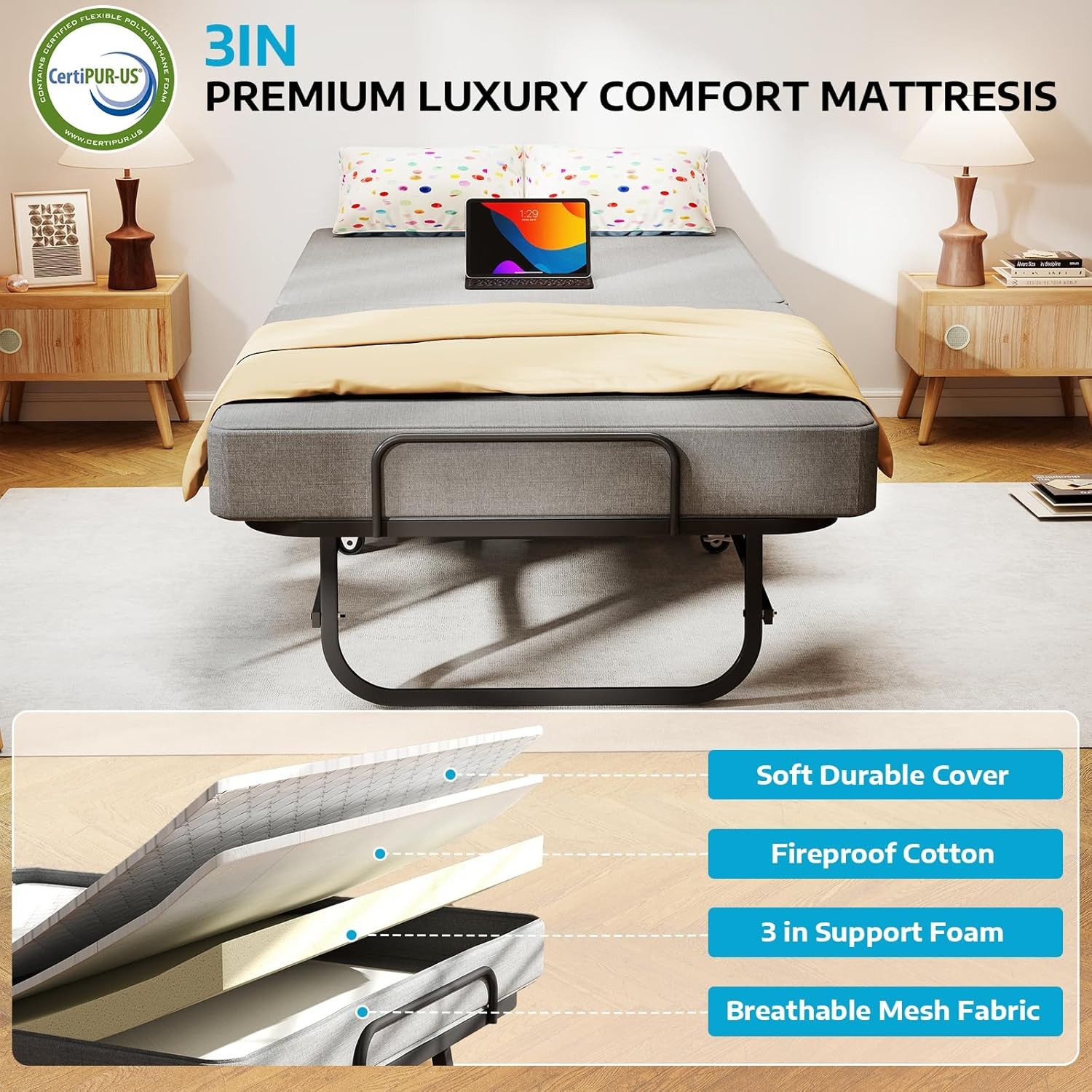 Portable Folding Bed with Memory Foam Mattress Rollaway Metal Frame Guest Bed