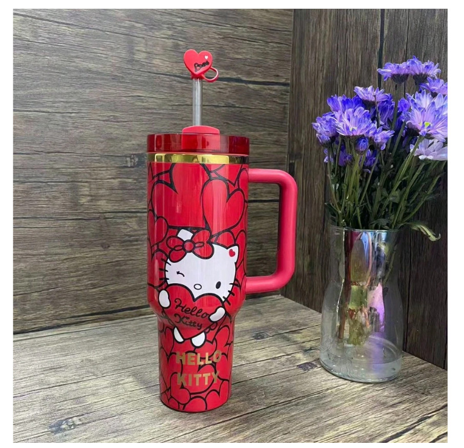 40 Oz Red big heart Hello kitty Tumbler Stainless Steel Coffee Mug Cup IN HAND