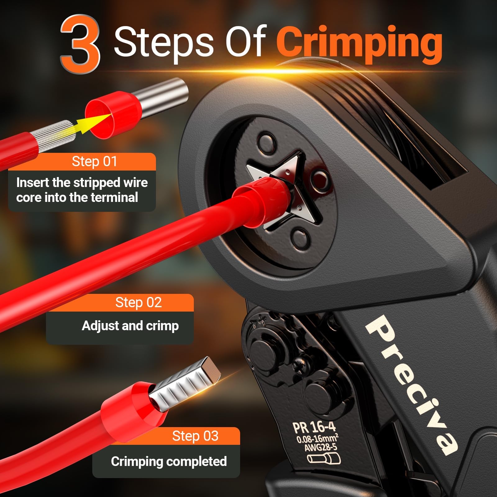 Preciva Ferrule Crimping Tool Kit – AWG 28-5 (0.08-16mm²), Orange