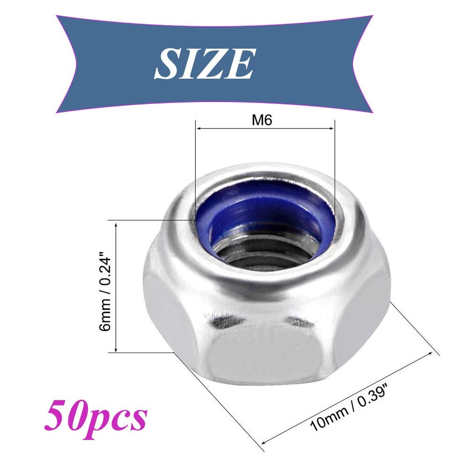 M6x1mm Nylon Lock Nuts,50pcs 304 Stainless Steel Nylon Insert Hex Lock Nuts f…
