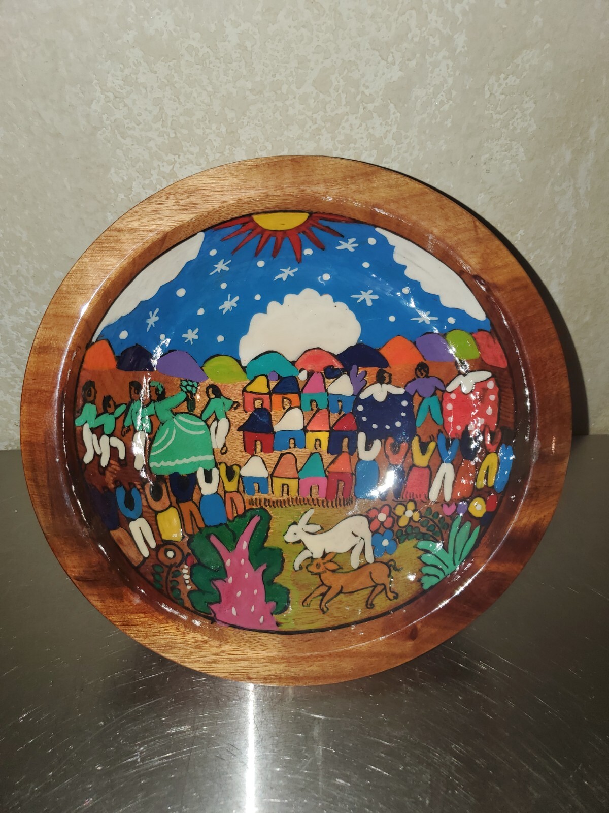 Beautiful Vibrantly Painted Wooden Decorative Bowl Cozumel Mexico