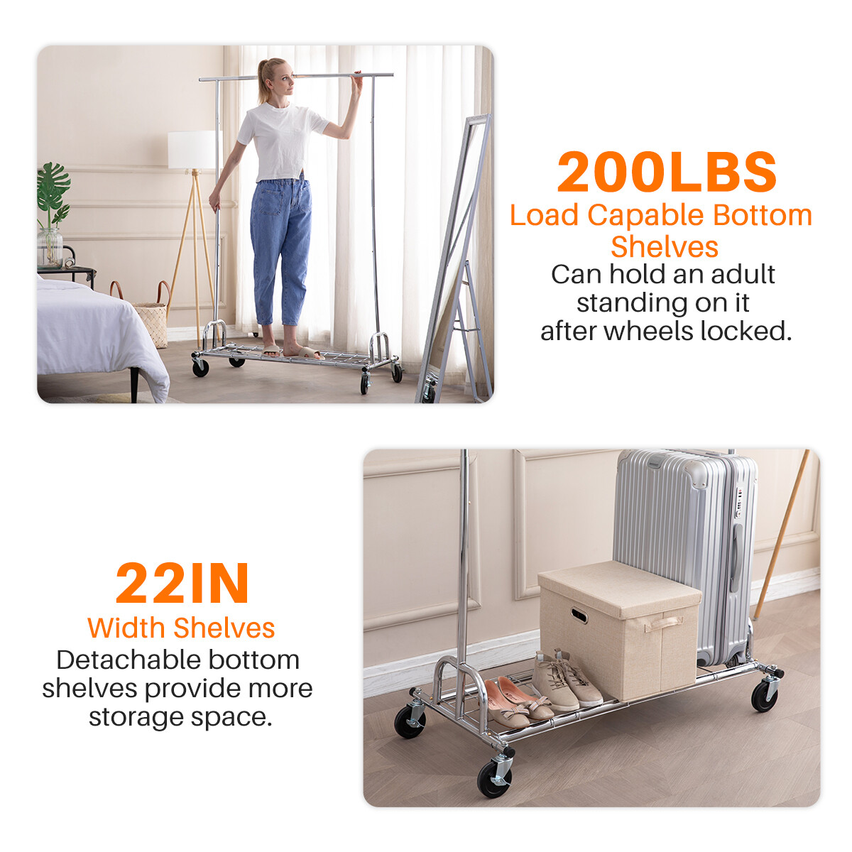 3 in 1 450lbs Collapsible Rolling Heavy Duty Clothing Garment Rack with Shelves