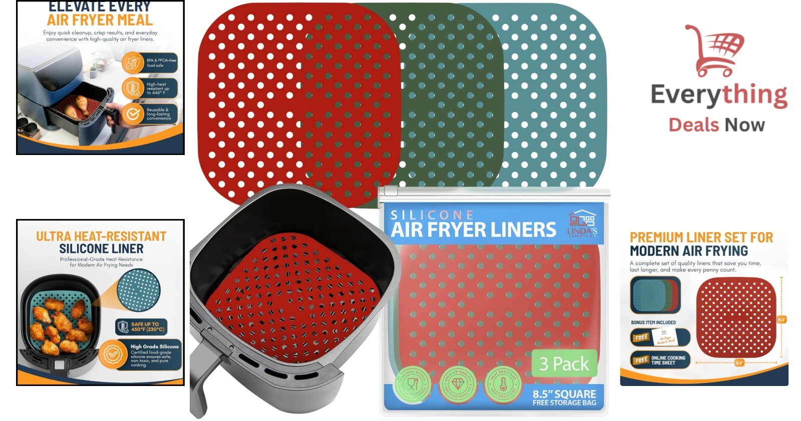 3 Pk Reusable Silicone Air Fryer Liner 8.5 Inch Non-Stick Easy-Clean Accessories