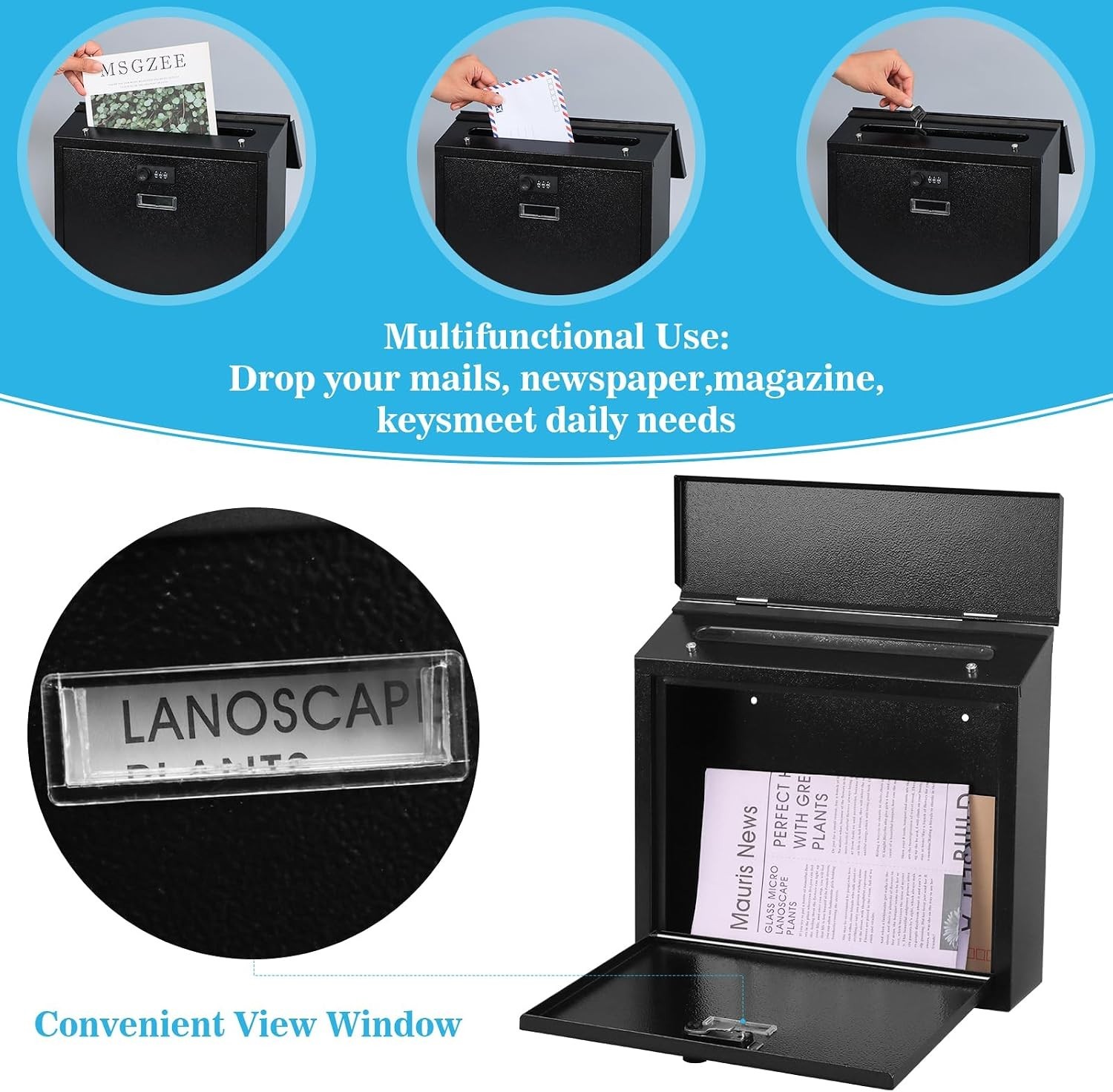 Modern Large Capacity Locking Mailbox with Combination Lock – Black Finish