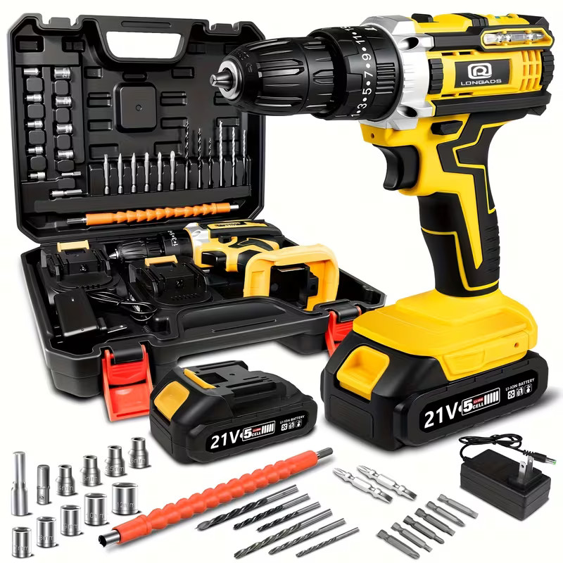 21V Cordless Hammer Drill Set Electric Impact Driver Screwdriver & 1/2 Battery