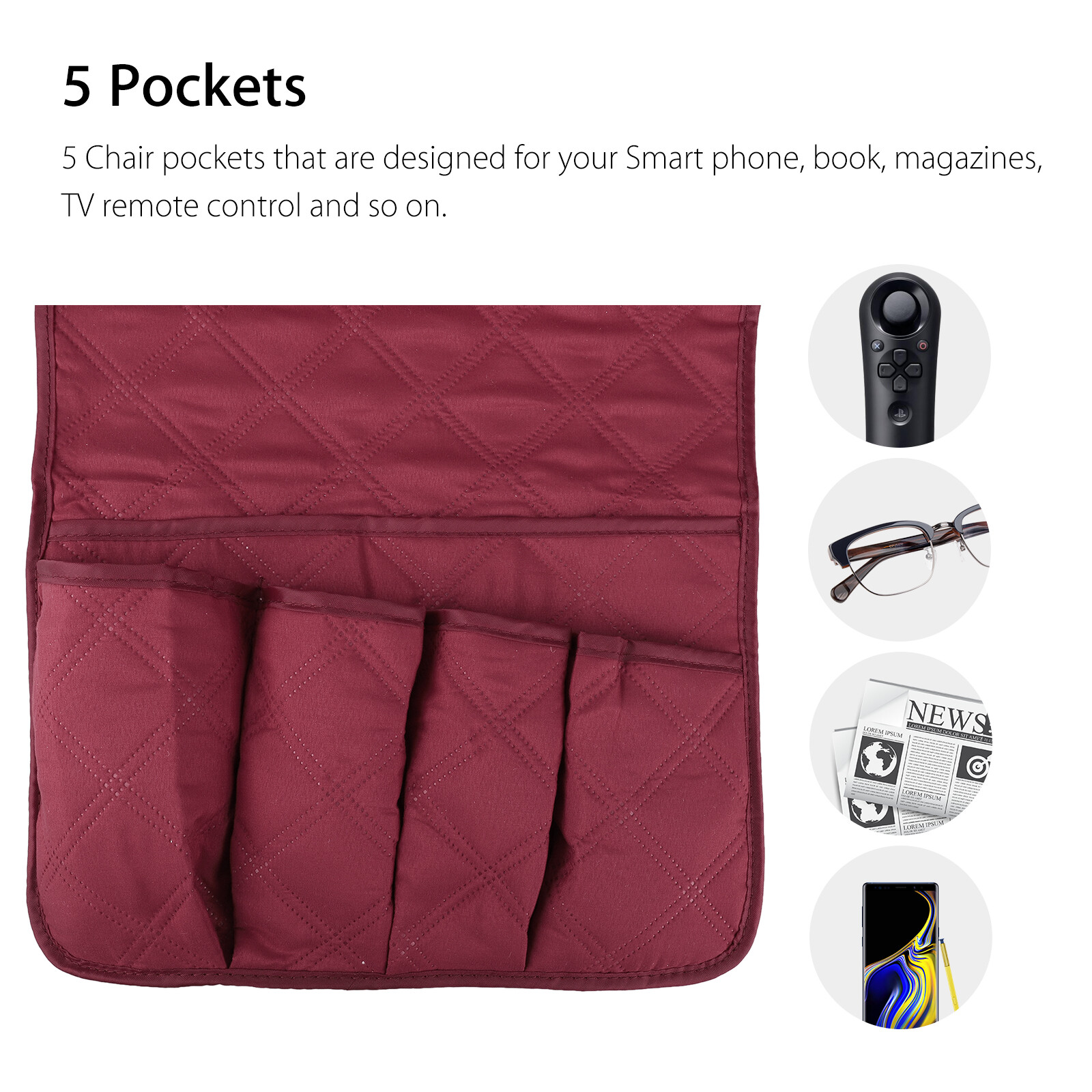 TV Remote Control Organizer Holder for Sofa Recliner Chair Arm Rest 5 Pocket Bag