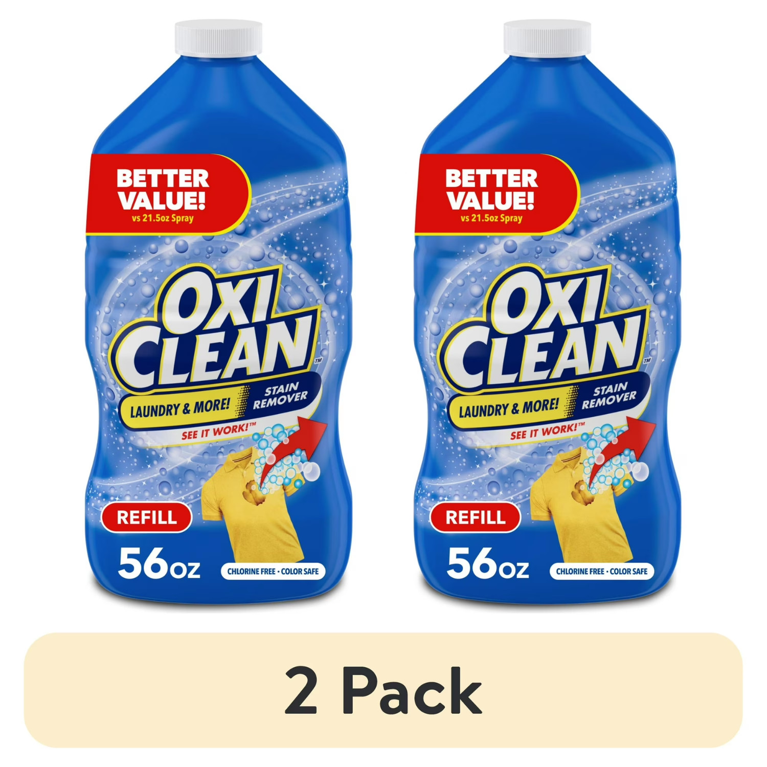 2PK OxiClean Laundry Stain Remover Spray Refill, Chlorine-Free Cleaner, 56 fl oz