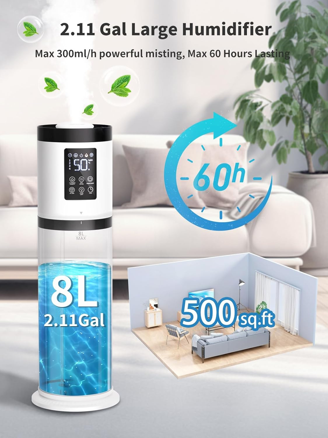 8L Humidifiers for Bedroom, 30Db Quiet, 500Ft² Coverage, 60H Runtime, Top Fill,