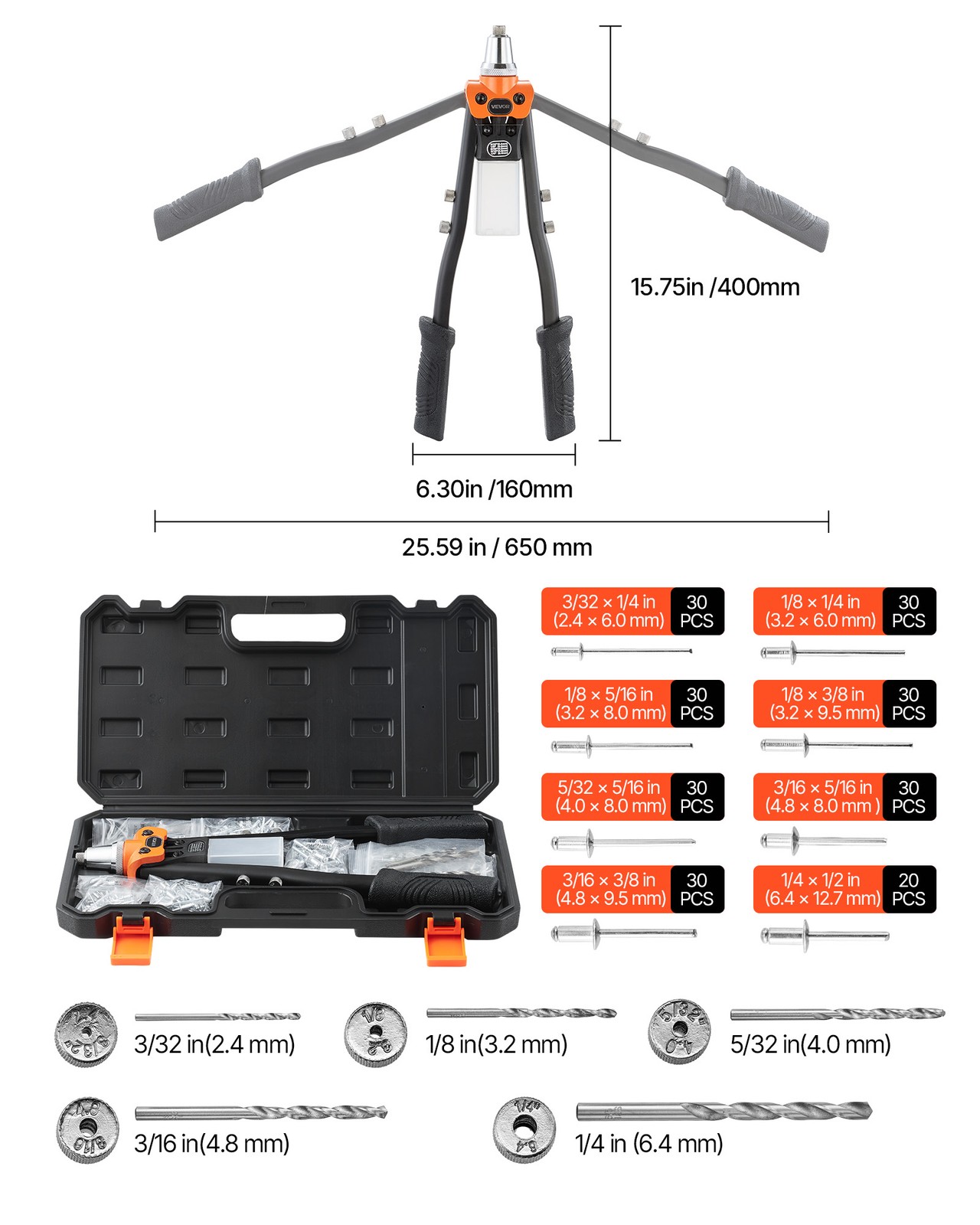 VEVOR Pop Rivet Gun Kit Single Hand Riveter with 230 Blind Rivets for Metal