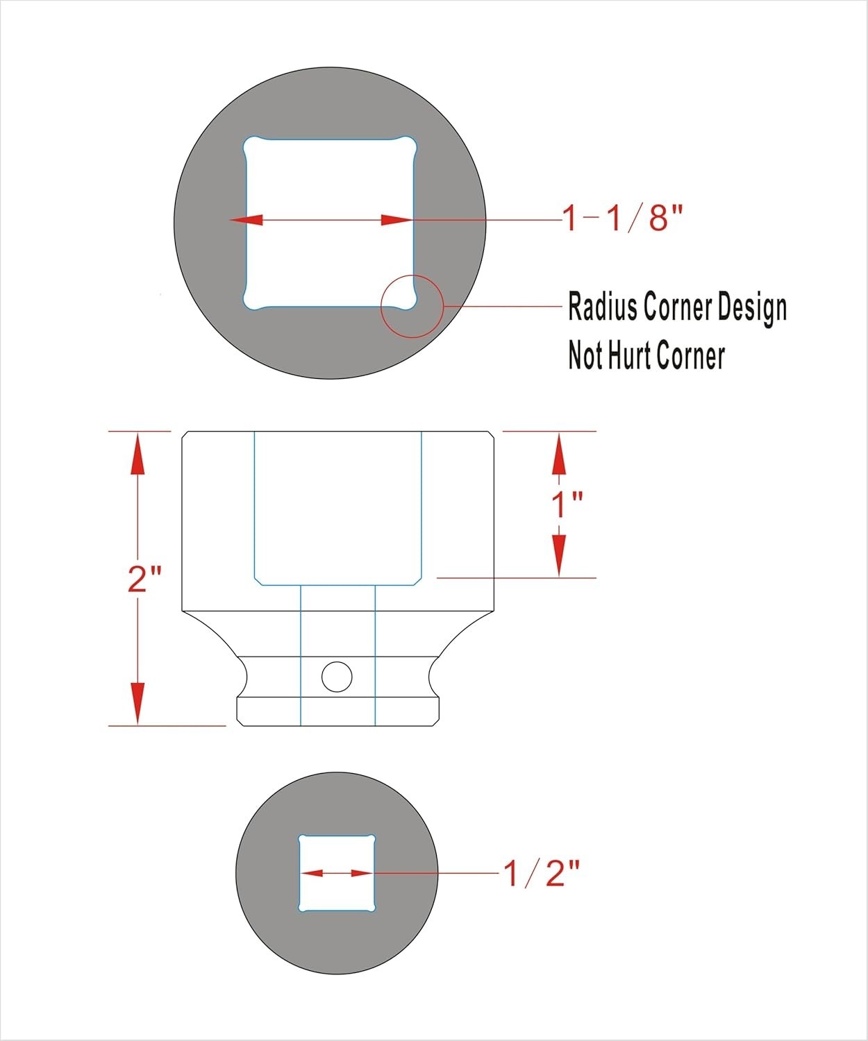 1/2″ Drive 1-1/8″, 4-Point Square Impact Socket, Heat Treated Cr-Mo Alloy Steel