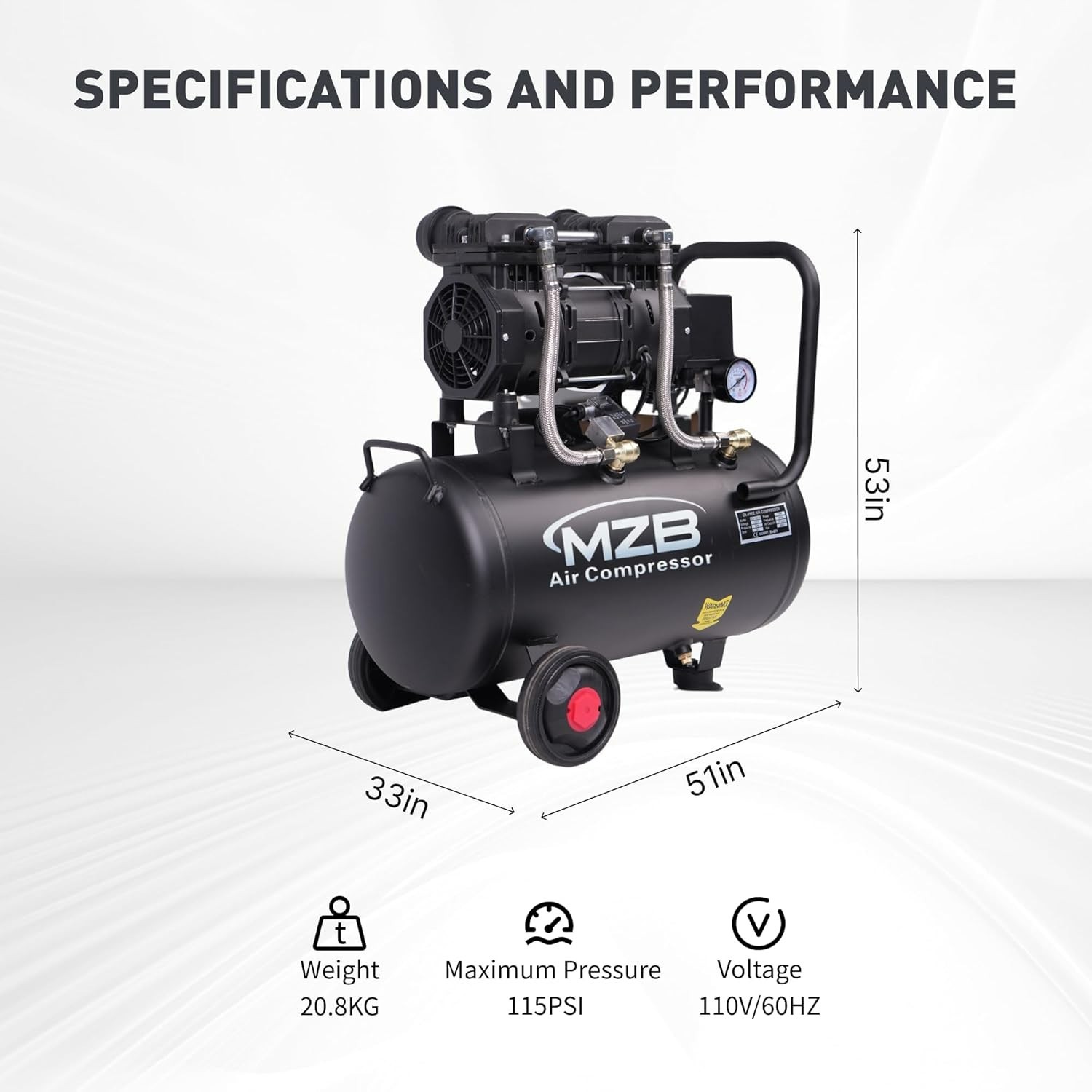 6.4 Gallon Ultra Quiet Air Compressor 1.5HP Oil-Free 115PSI 7.41CFM 70dB