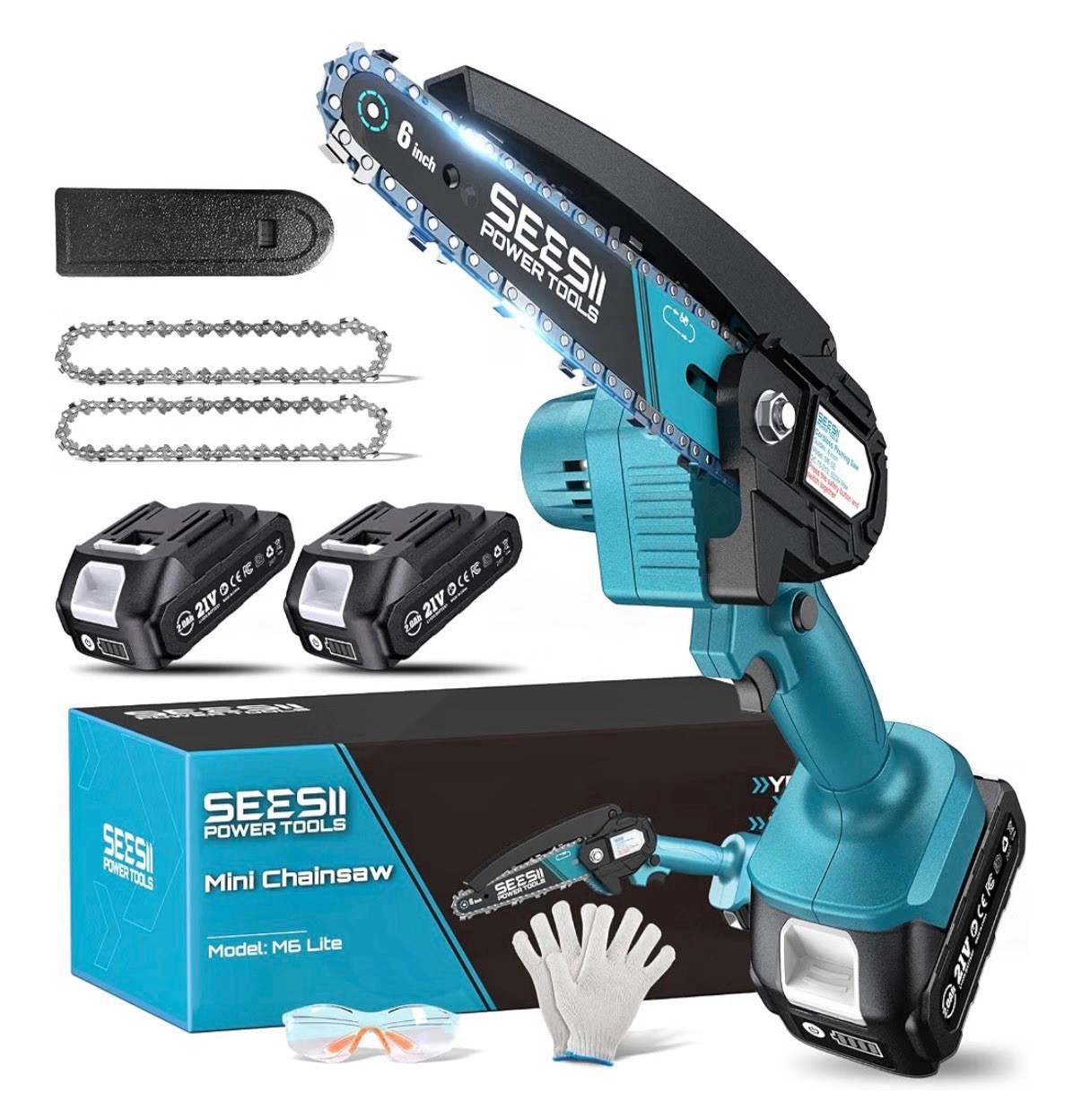SEESII M6 Lite 21V 6 in Cordless Mini Chainsaw Kit 2 Batteries + PPE