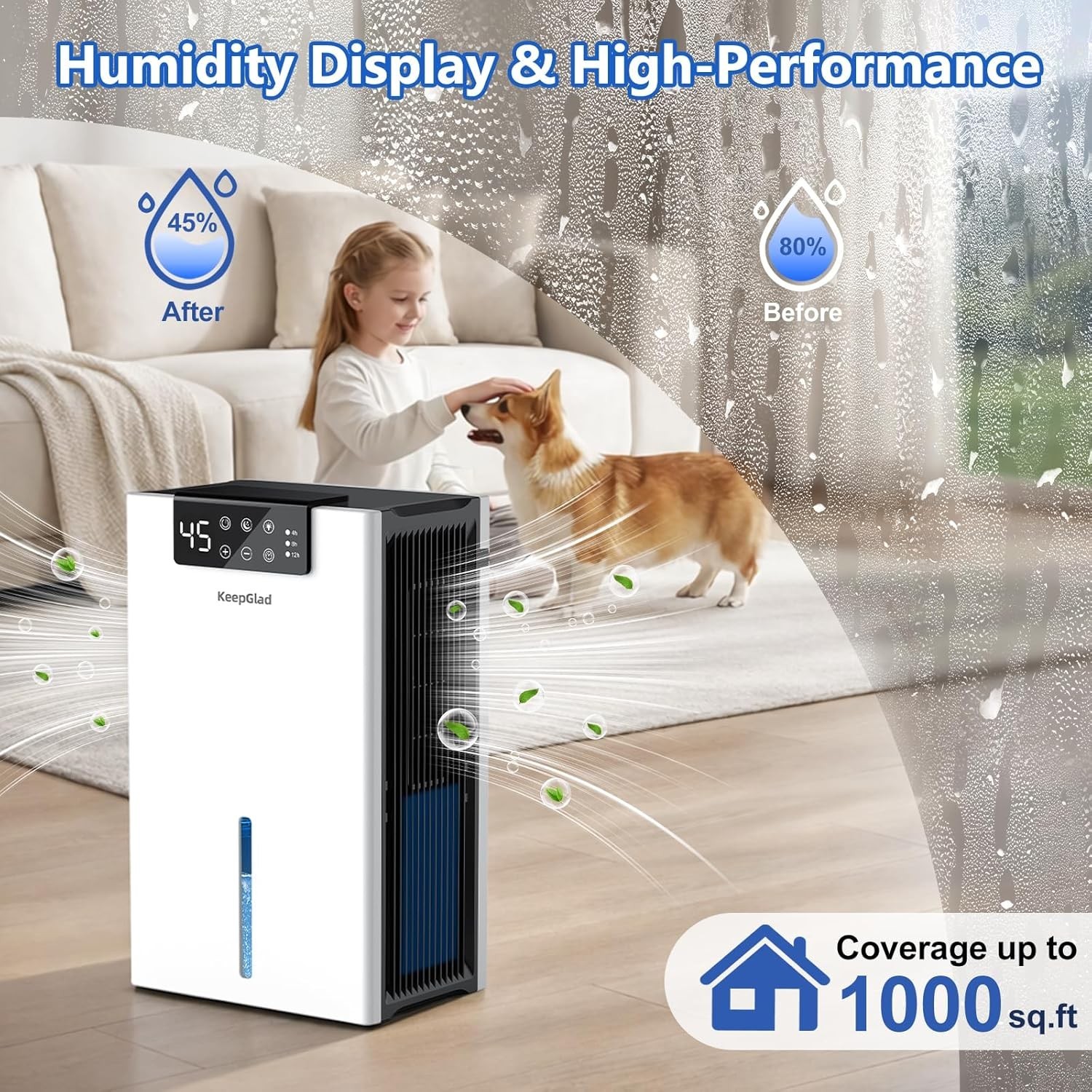 KeepGlad Smart Dehumidifier Tower White Digital Display Quiet Water Window