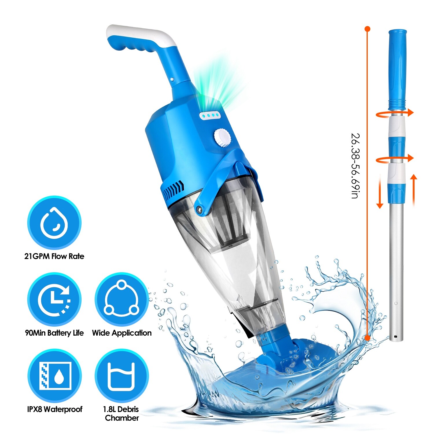 Cordless Pool Vacuum with Telescopic Pole Powerful Suction IPX8 Waterproof