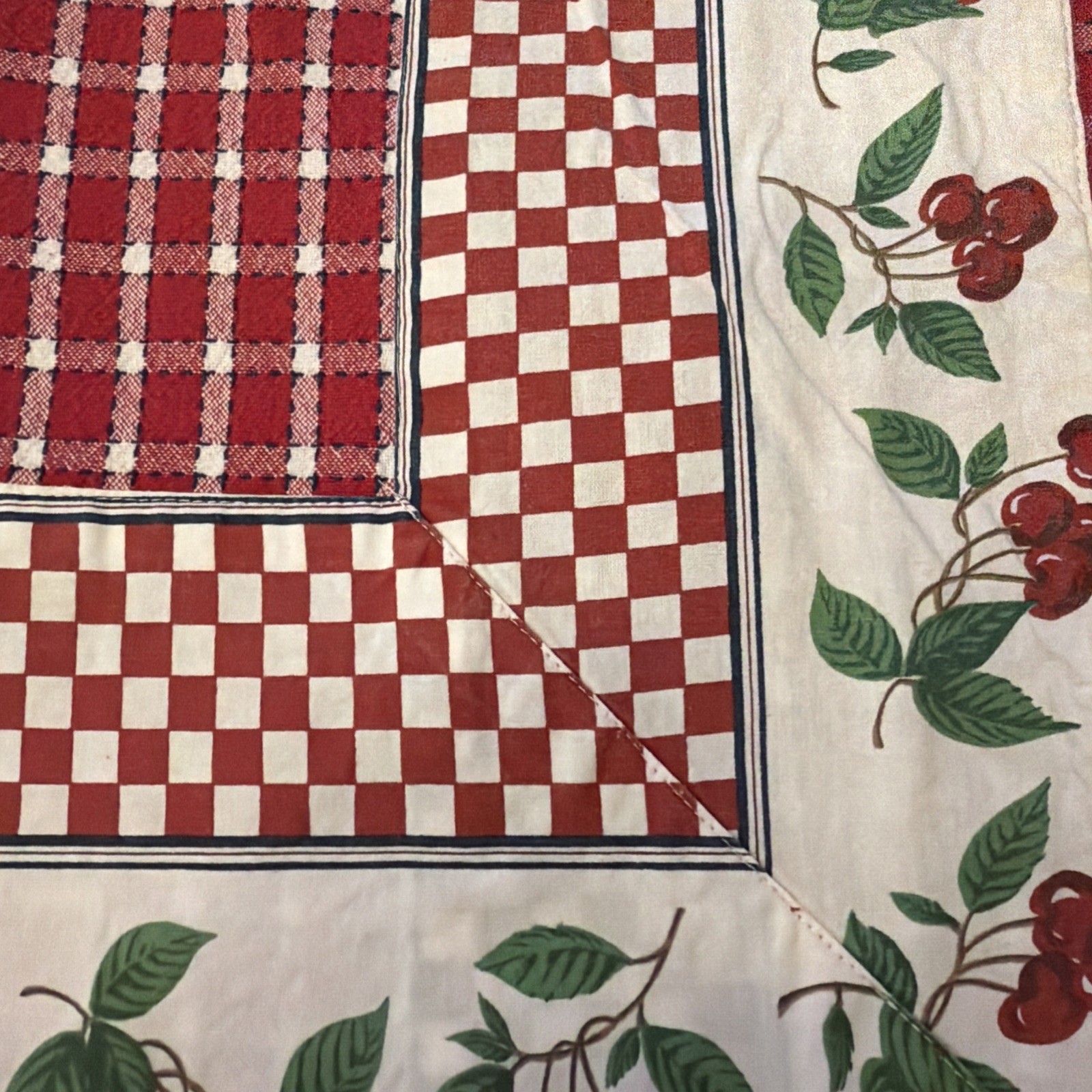 Red And White Check Cotton Tablecloth With Wide White & Cherry Border 52”x78”