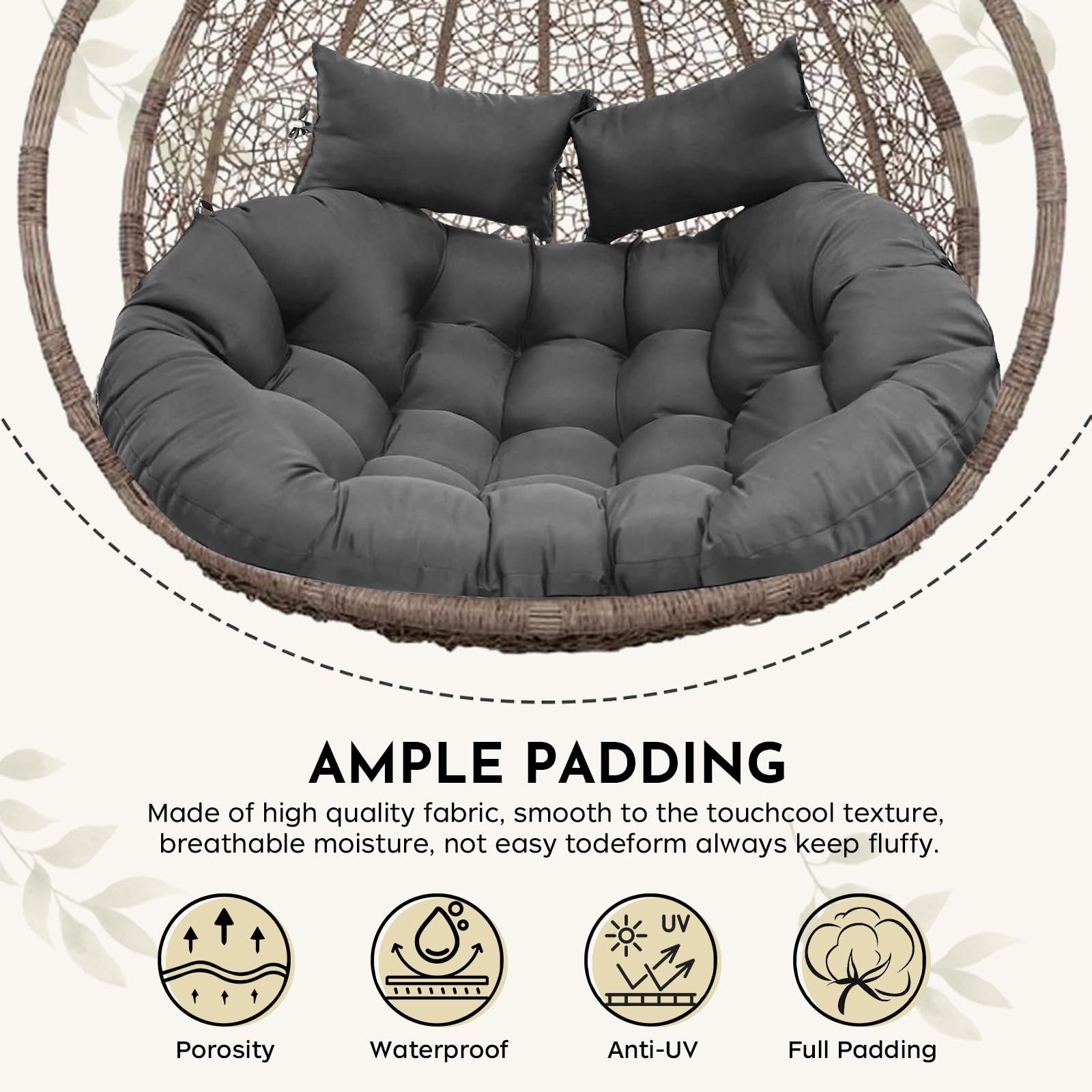 Egg Chair Cushion 55x35in Double Waterproof Grey Replacement boyspringg Outdoor