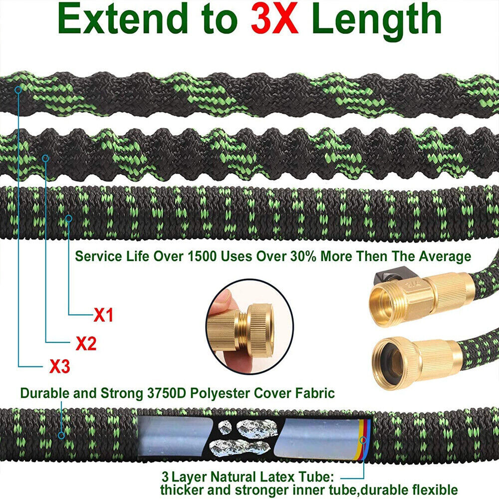 100ft Stronger Expandable Garden Hose Set 4-Layer Latex 10 Spray Nozzles Strong