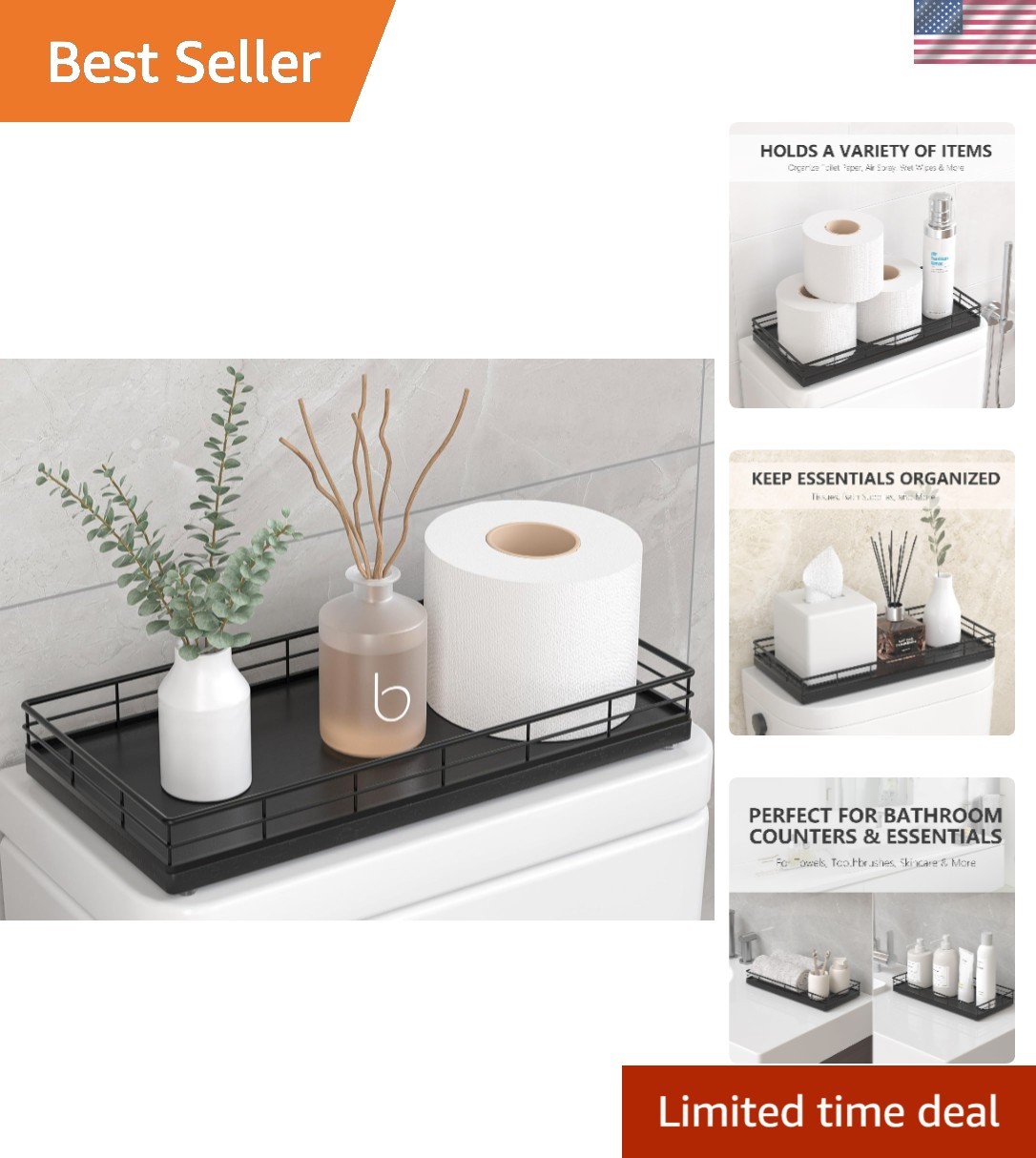 Toilet Paper Basket Organizer, Oak Wood Toilet Tank Tray with Metal Frame | B…
