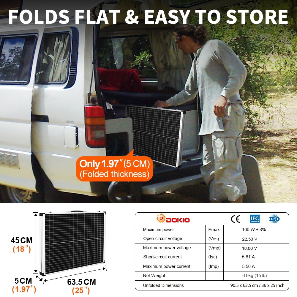 Dokio 100W Portable Foldable Solar Panel Kit for Camping/RV/Car Battery/Home