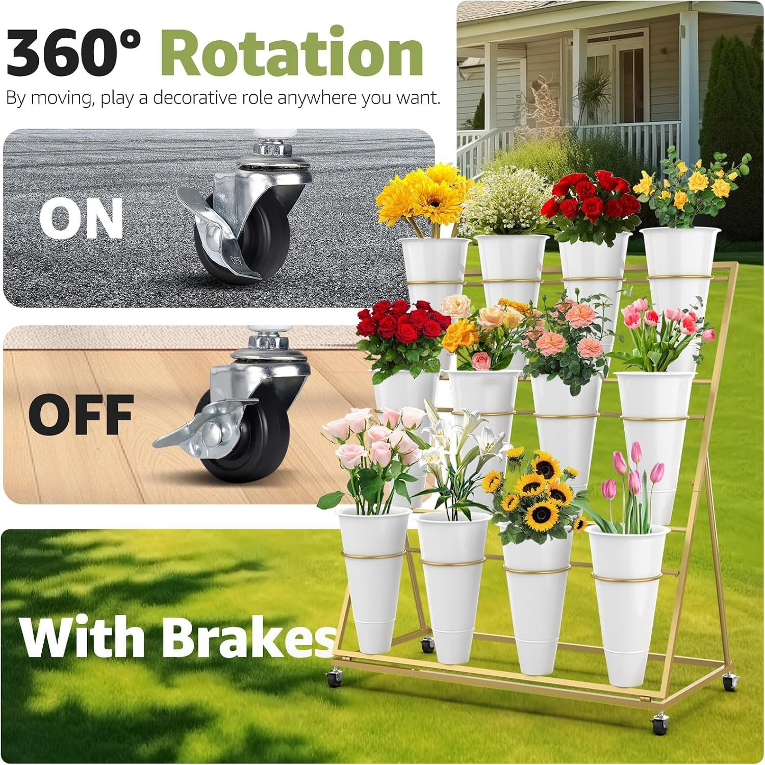 3 Layers Flower Display Stand w/ 12 PCS Round Buckets Florist Flower Cart Rack