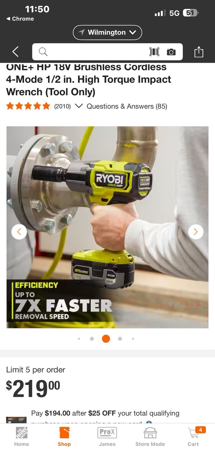 Ryobi 18V Brushless Cordless Impact Wrench 1/2″ 4-Mode High Torque-Tool Only