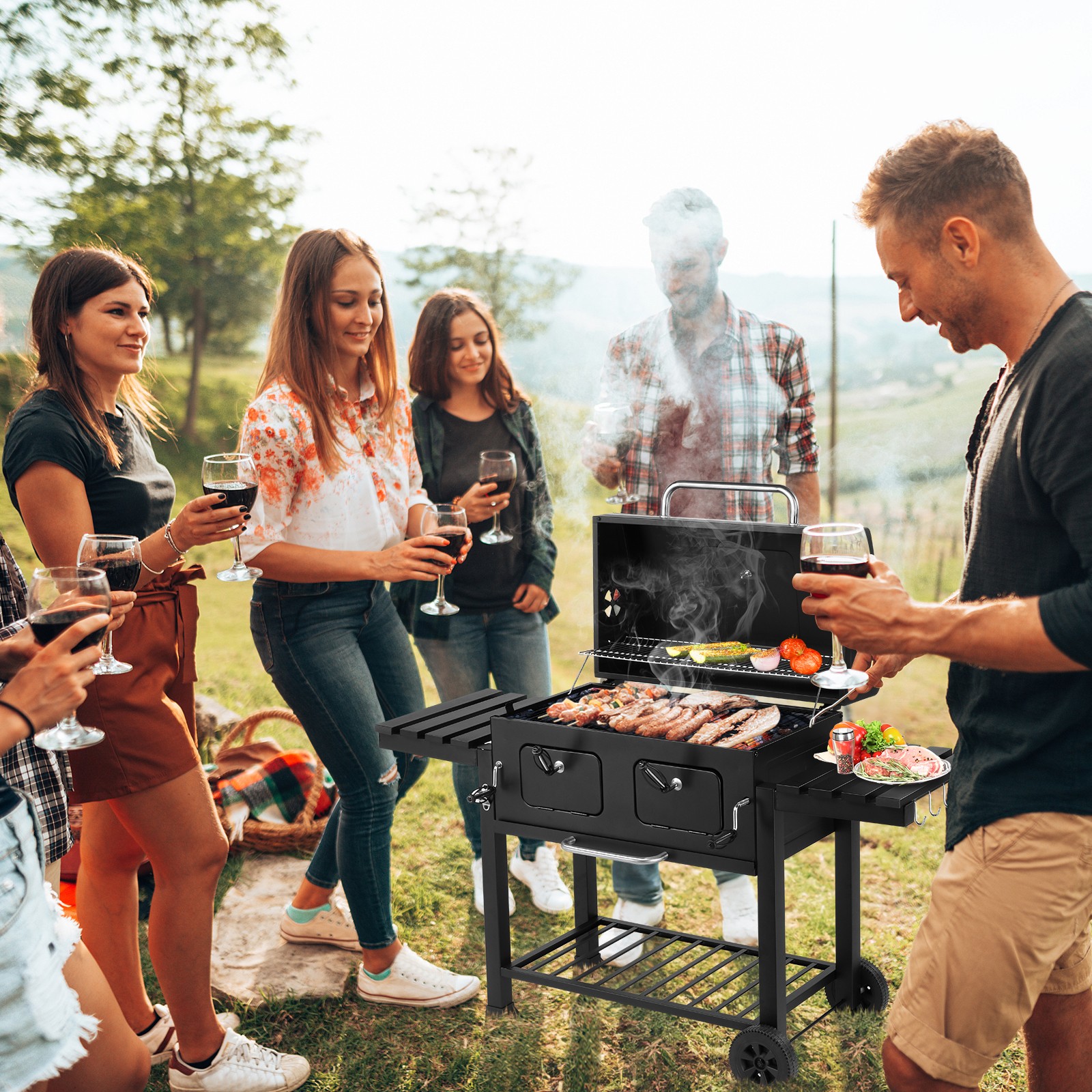 Outdoor Garden Heavy-Duty Oversize Charcoal Grill Liftable Barbecue Backyard