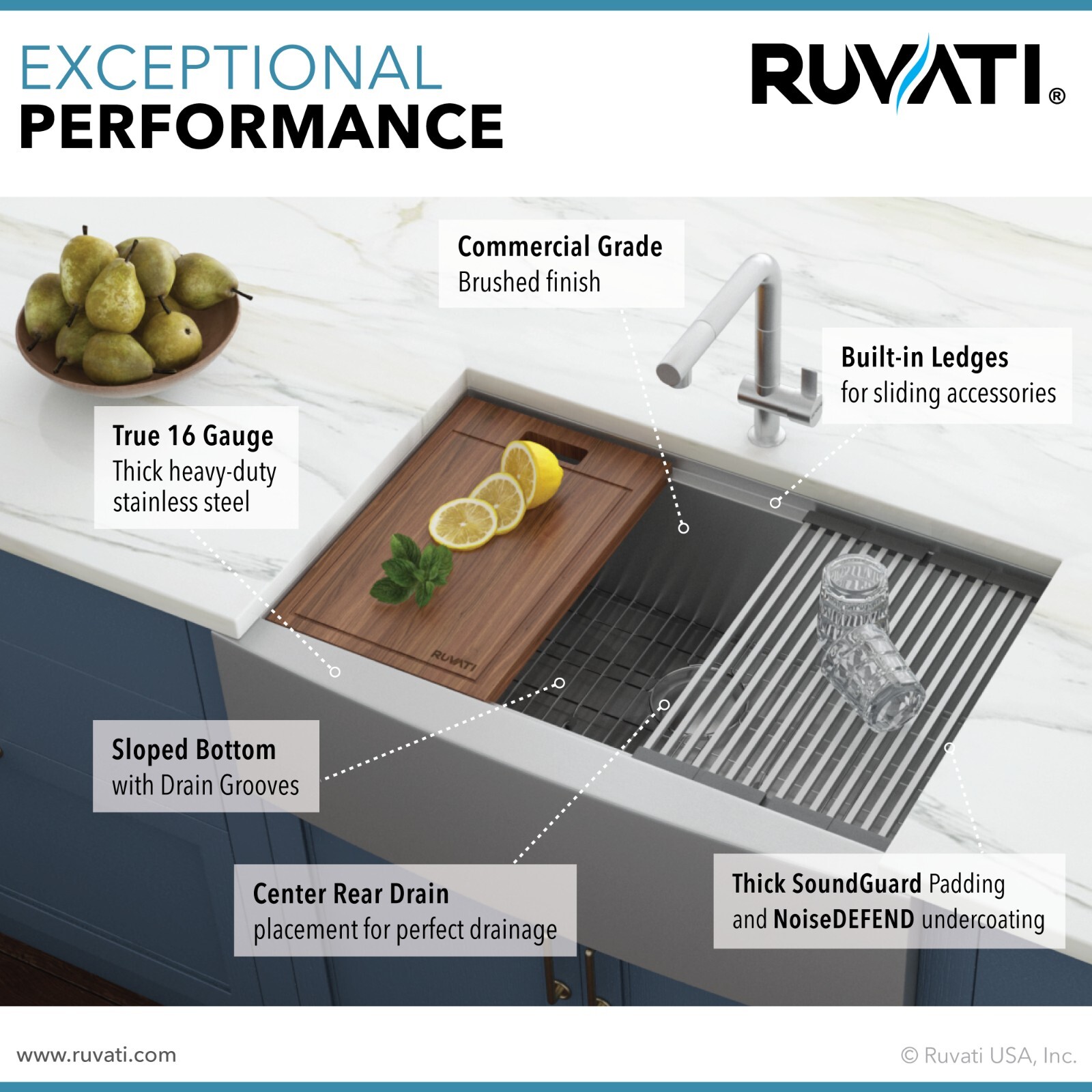 Ruvati 33″ Apron-front Workstation Farmhouse 16 Gauge Kitchen Sink- RVH9200