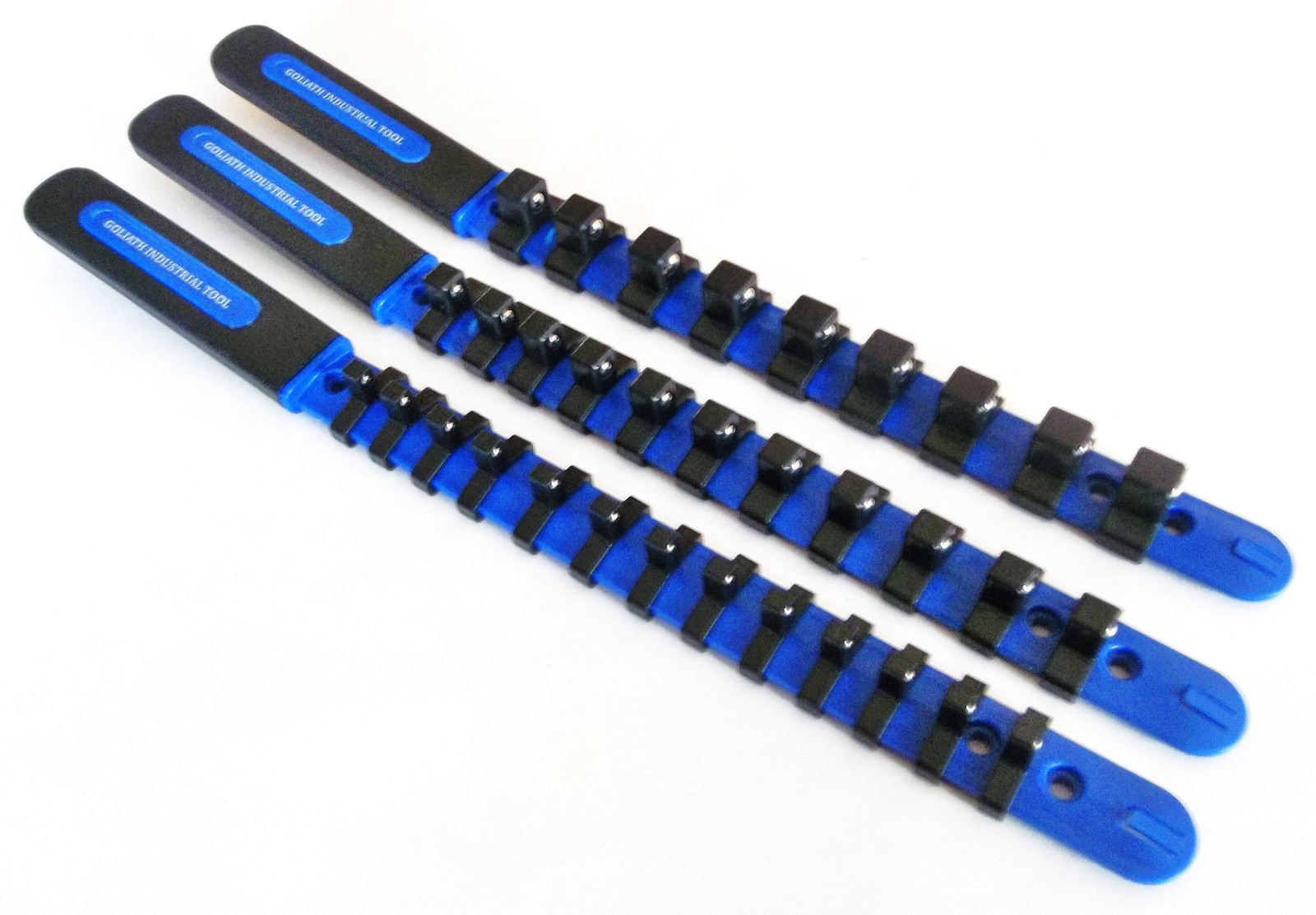 3 GOLIATH INDUSTRIAL ABS PLASTIC SOCKET RAIL HOLDER ORGANIZER 1/4 3/8 1/2″ BLUE