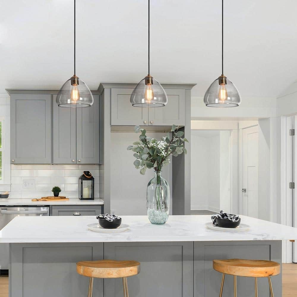 Uolfin 1-Light Modern Gold Black Pendant Light Smoke Gray Glass 9.8 in