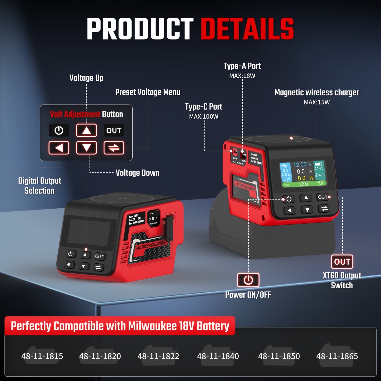 300W Voltage Regulator 2-30V DC Output Compatible with Milwaukee 18V Battery