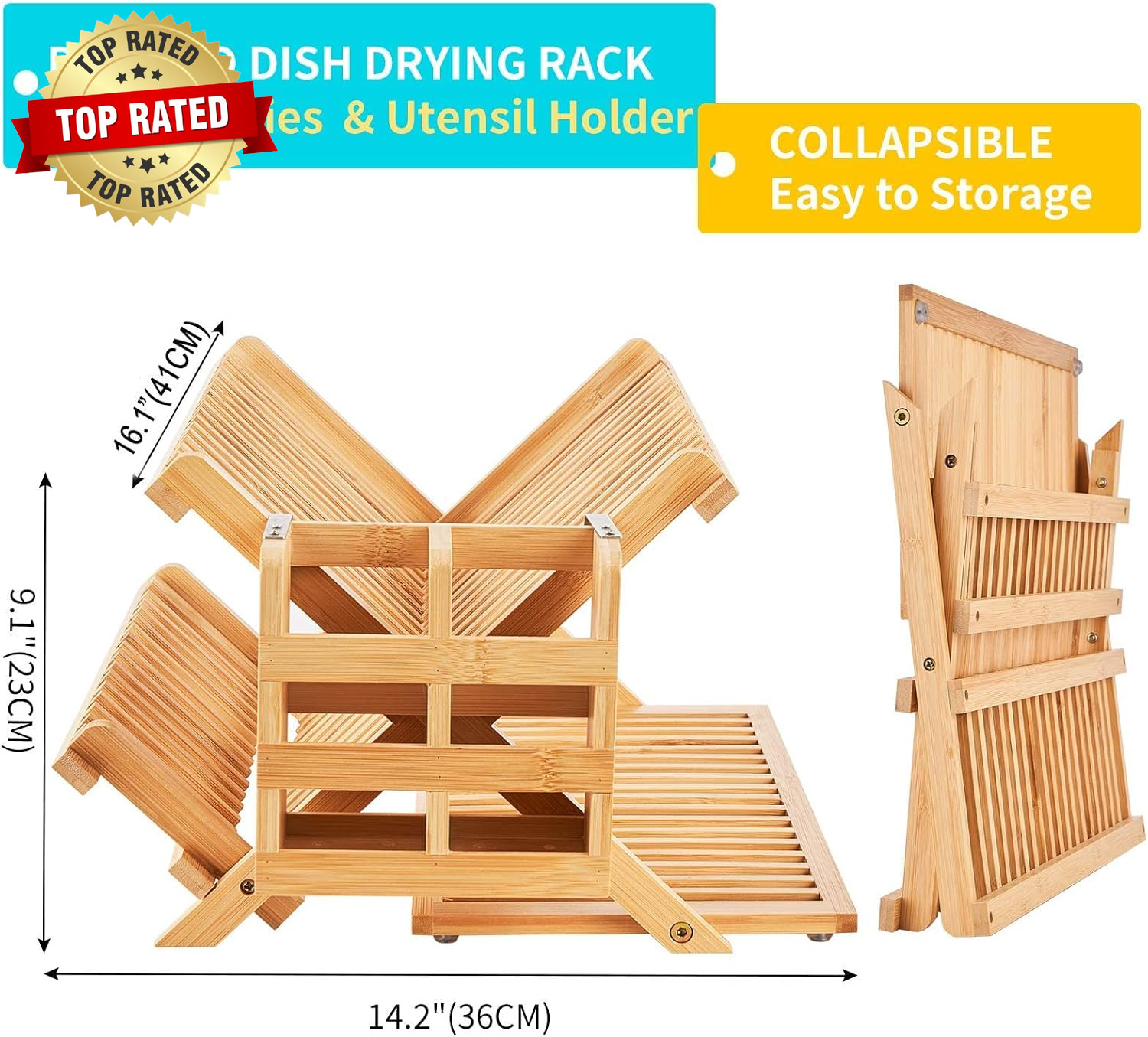 Bamboo Dish Drying Rack, 3 Tier Collapsible Wooden Dish Drainer Rack with Utensi
