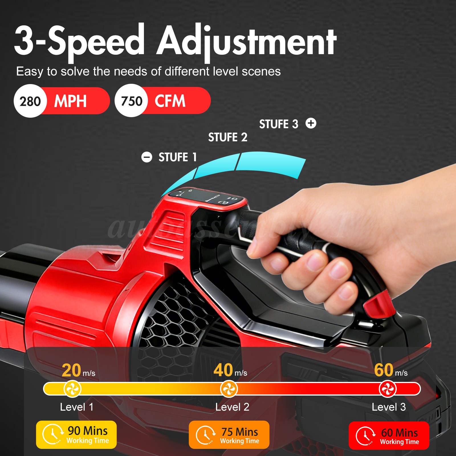 Cordless Leaf Blower 650CFM/280MPH & 3 Speed Levels Electric w/2 Batteries 6.0Ah