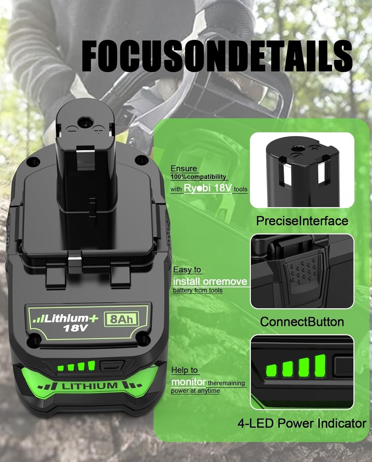 2 Pack Upgrade 8000mAh for Ryobi 18V Battery Lithium ion Compatible P102