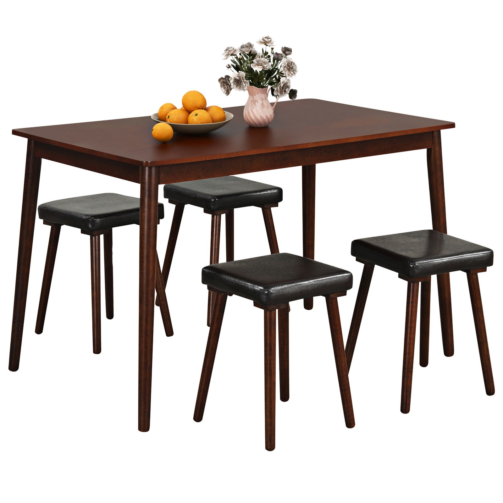 5PCS Dining Table Set for 4 w/ 4 Upholstered Stools Rubber Wood Legs for Kitchen