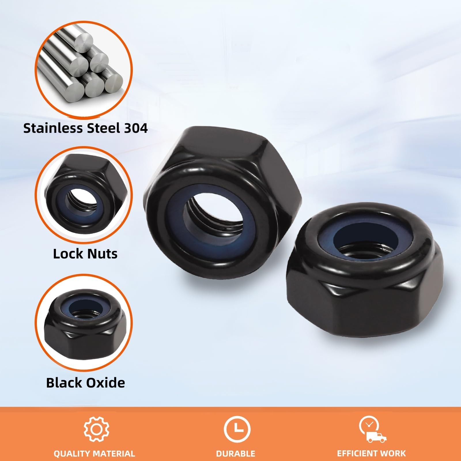 3/8-16 Nylon Insert Hex Lock Nuts Locknuts, 304 Stainless Steel 18-8, Black O…