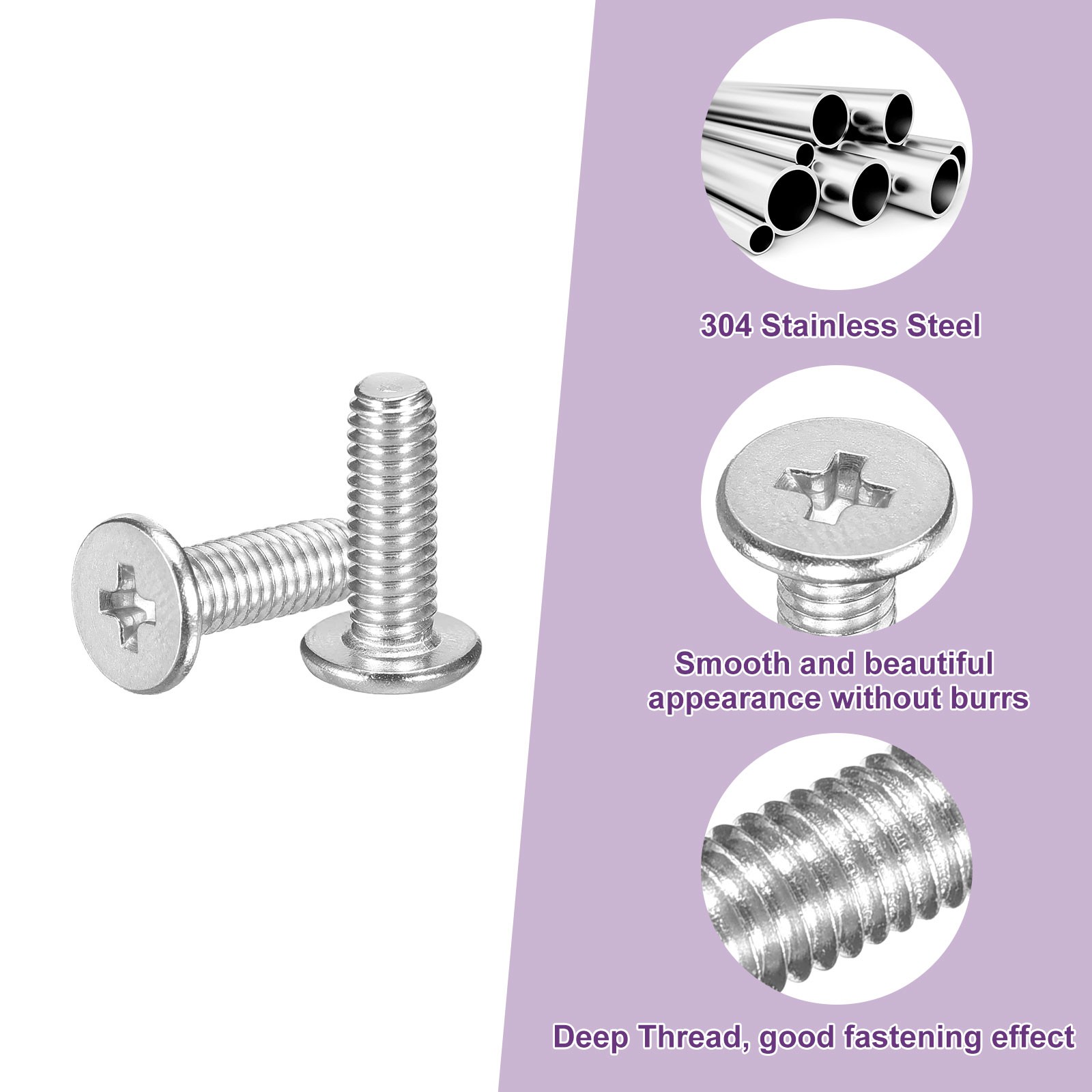 M4x12mm Flat Round Head Screws, 200Pcs 304 Stainless Steel, Bright Finish