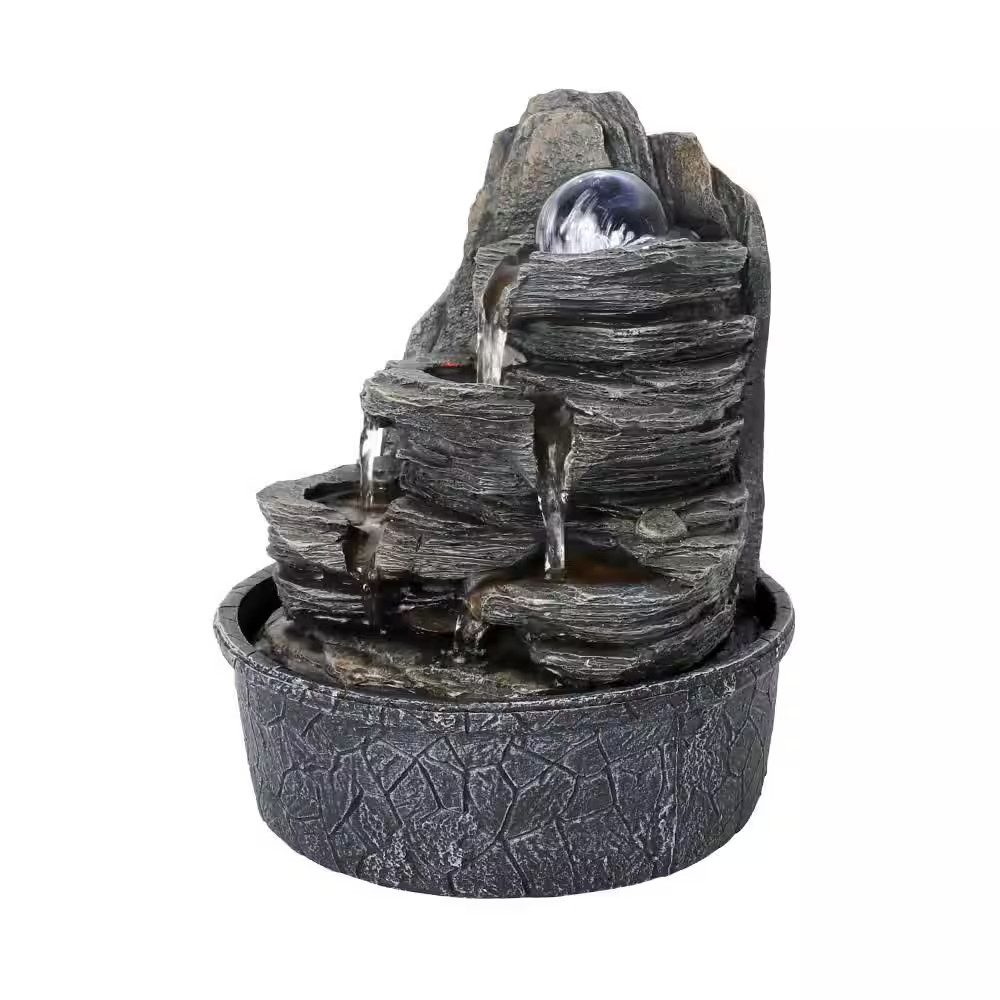 9.8 In. Resin Rockery Indoor Tabletop Tiered Fountain with LED Lights and Crysta