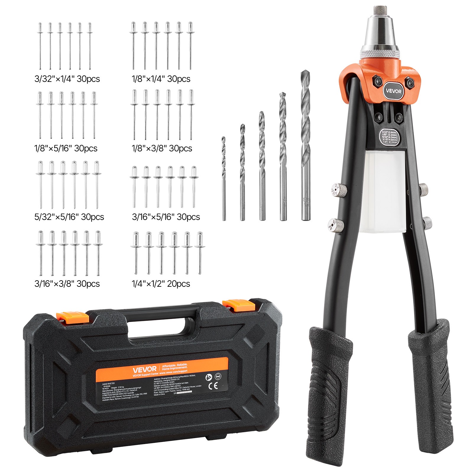 VEVOR Pop Rivet Gun Kit Single Hand Riveter with 230 Blind Rivets for Metal