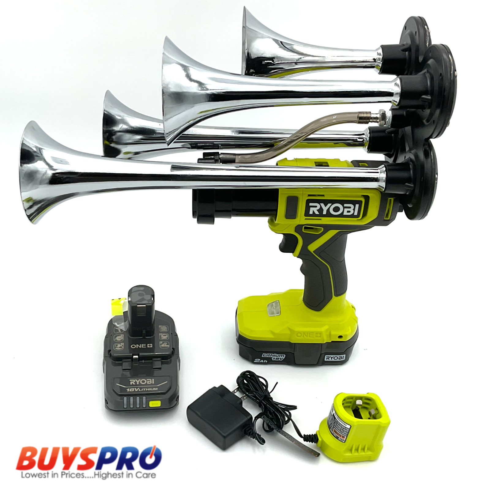 For Ryobi 18V Drill Train 4 Horn Quad Black Air Trumpets with Battery +Charger