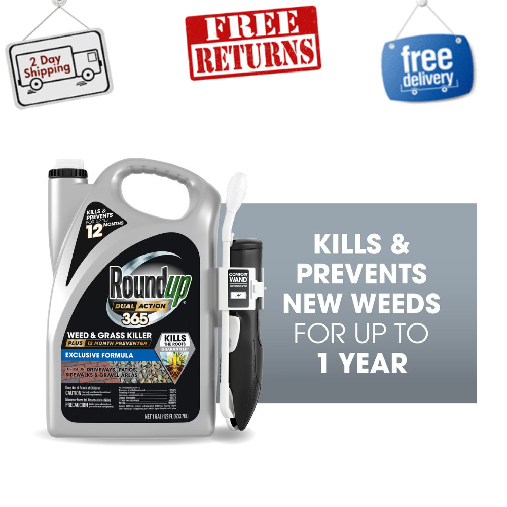 Roundup Dual Action 365 Weed & Grass Killer, 12 Month Preventer, Wand, 1 Gallon