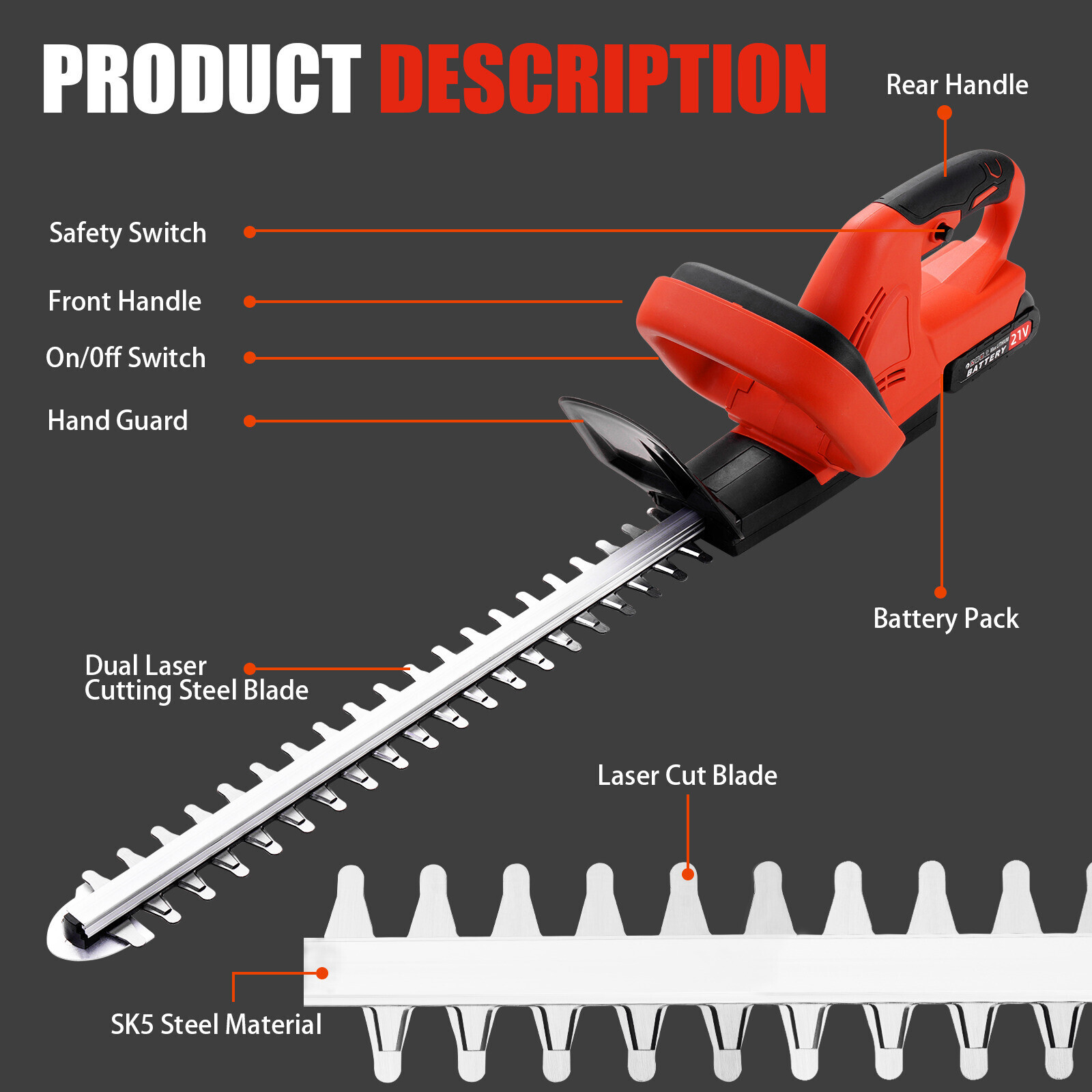 22in Hedge Trimmer for Makita 24V Battery Cordless Electric Hedge Bush Trimmer