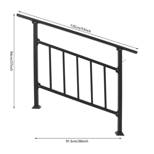 4 Steps Handrails 53x37in Stair Railing Carbon Steel Handrails W/ Safe Fences