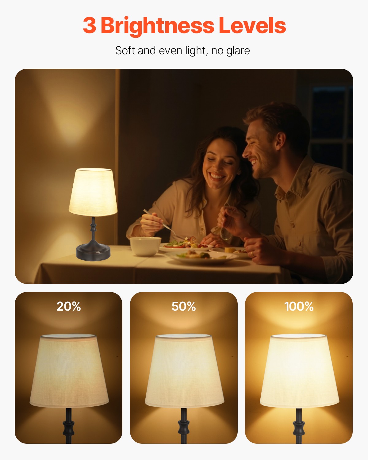 VEVOR Cordless Table Lamp Rechargeable Battery Small Desk Lamp Fabric Shade