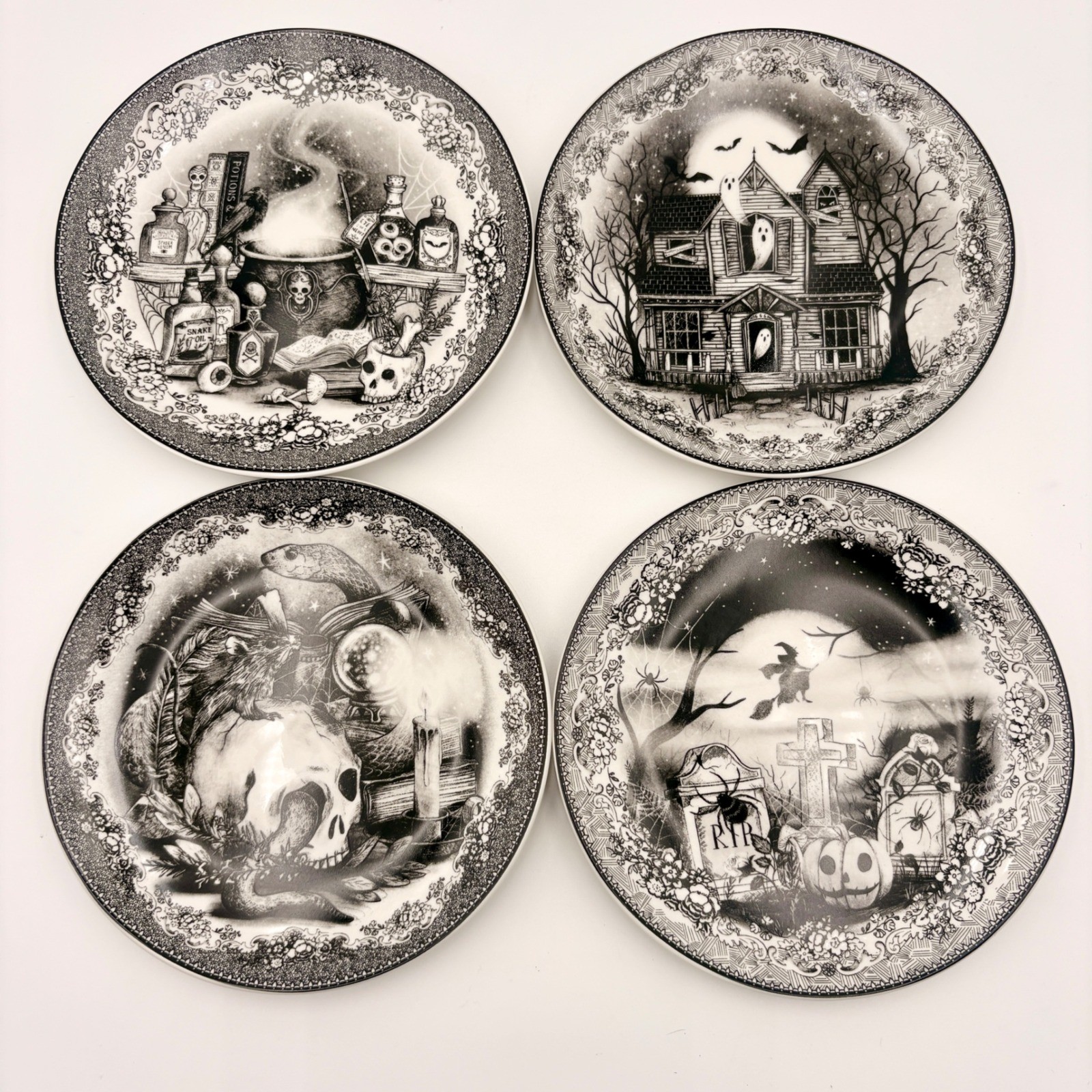 Eaton Fine Dining Halloween Appetizer Plates Set of 4 Black White Spooky Gohic