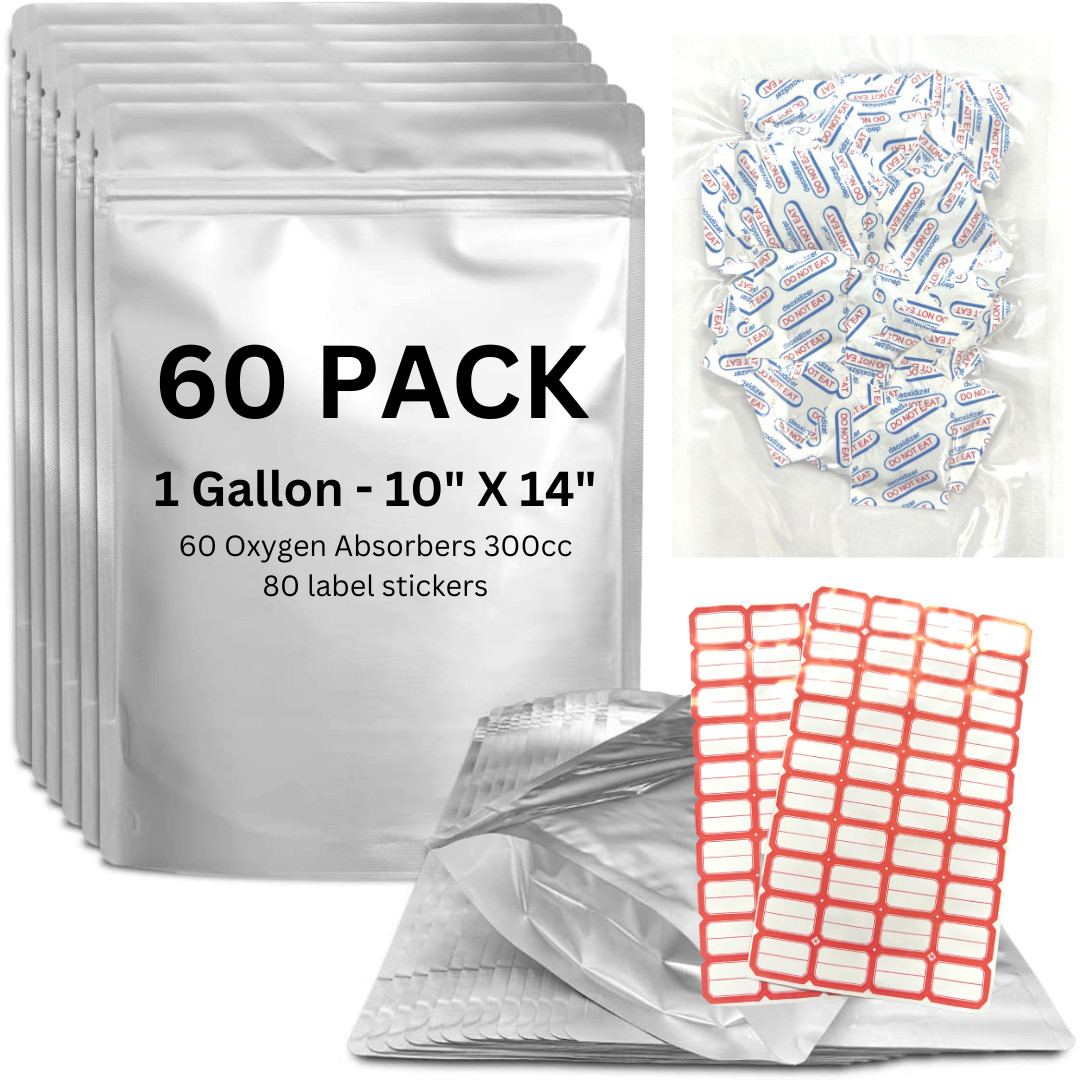 60 Mylar Bags for Food Storage With Oxygen Absorbers 300cc – 4.72 mil thick