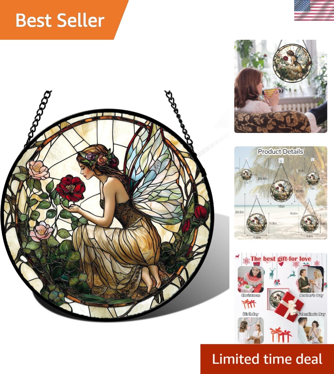Colorful Butterfly Fairy Stained Glass Suncatcher – 9.8in Window Decor Piece