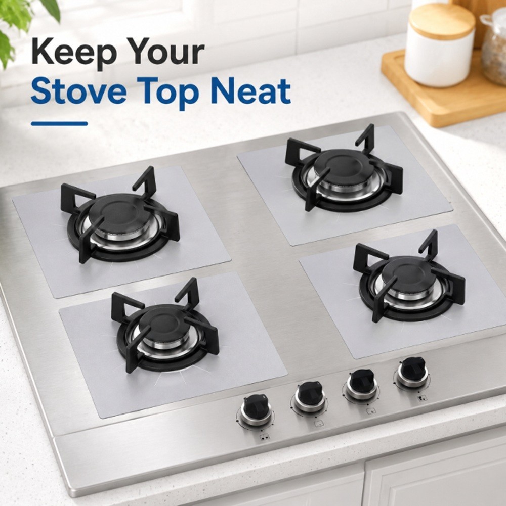 4 Reusable Non-Stick Gas Range Stove Top Burner Protectors – Easy Clean Liners
